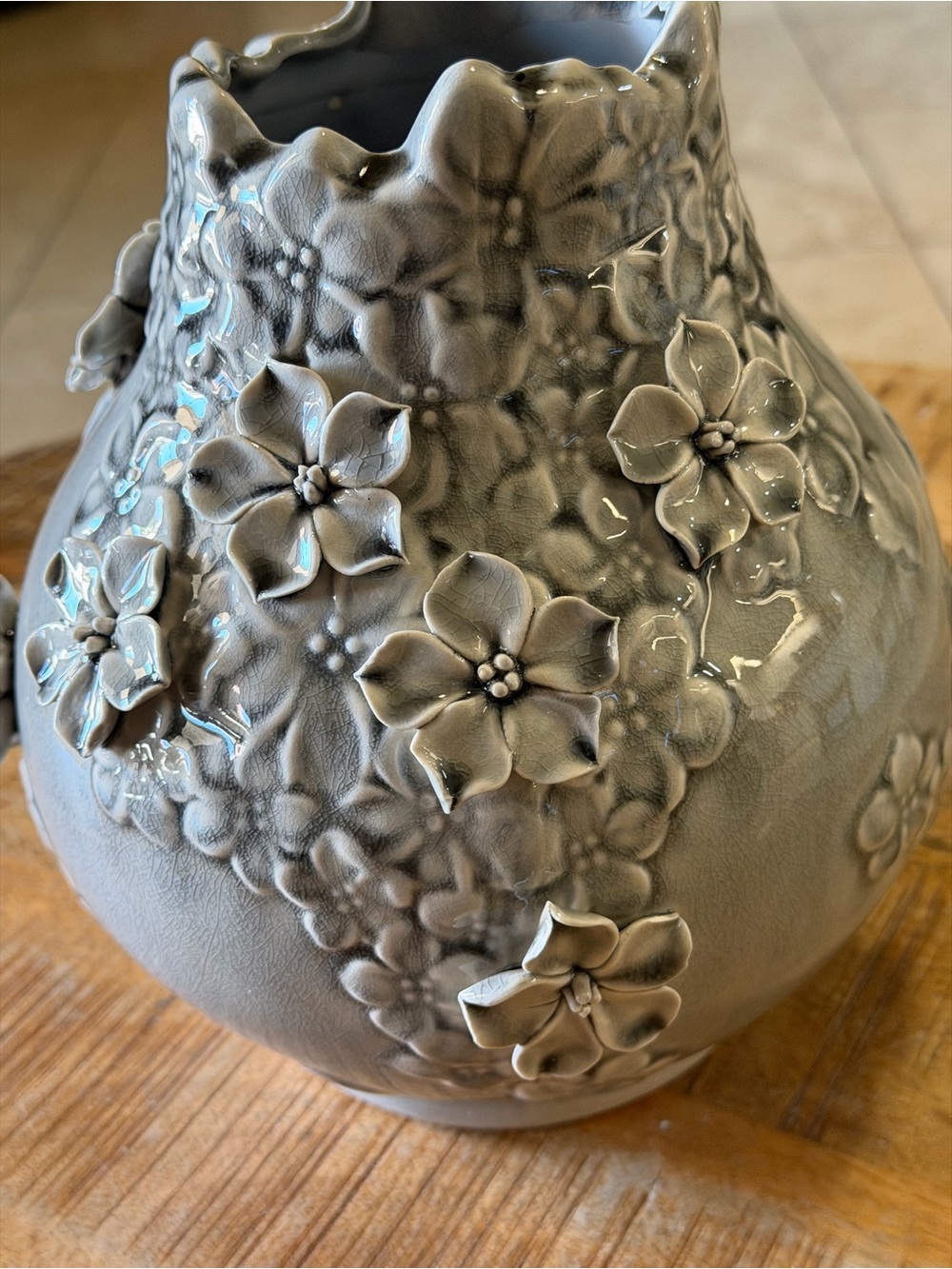 Gray Crackle Glaze Art Pottery Vase Applied Relief Floral Flowers Ceramic 8"